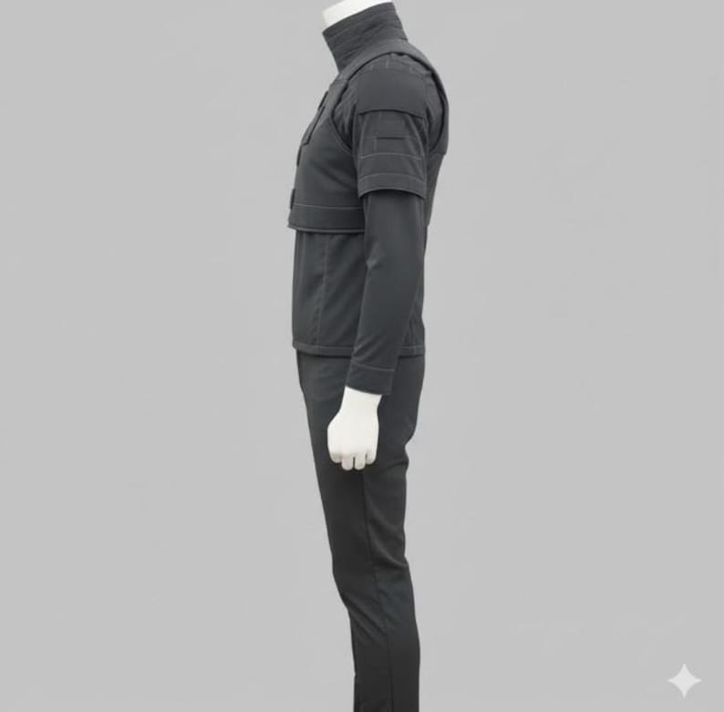 May include: A dark gray tactical uniform, featuring a high collar, long sleeves, and a vest-like overlay with multiple pockets. The pants are a matching dark gray color. The outfit is displayed on a mannequin.