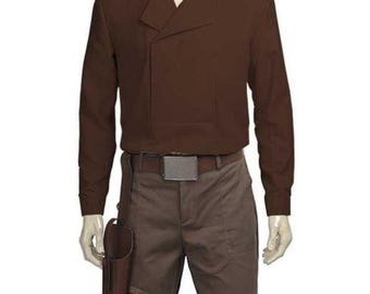 May include: A brown costume consisting of a long-sleeved jacket, pants, belt, and holster. The jacket has an asymmetrical collar and a rectangular pocket. The pants are a lighter shade of brown. The belt has a silver buckle, and the holster is attached to the leg.