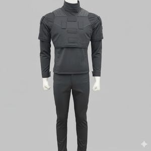 May include: A dark gray tactical uniform set displayed on a mannequin. The outfit includes a long-sleeved shirt with a high collar, a tactical vest, and matching pants. The vest has multiple rectangular panels. The uniform is designed for protection and functionality.