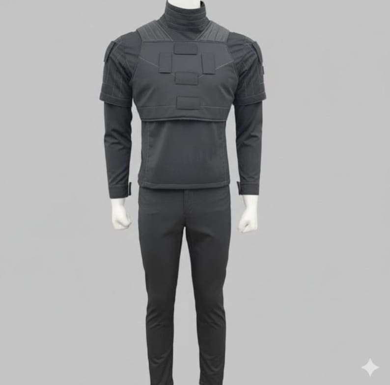 May include: A dark gray tactical uniform set displayed on a mannequin. The outfit includes a long-sleeved shirt with a high collar, a tactical vest, and matching pants. The vest has multiple rectangular panels. The uniform is designed for protection and functionality.