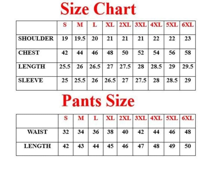 K&ouml;nnte beinhalten: Eine Gr&ouml;&szlig;entabelle f&uuml;r Kleidung mit Ma&szlig;en f&uuml;r Schulter, Brust, L&auml;nge und &Auml;rmel. Die Tabelle enth&auml;lt auch Hosengr&ouml;&szlig;en f&uuml;r Taille und L&auml;nge. Gr&ouml;&szlig;en von S bis 6XL.