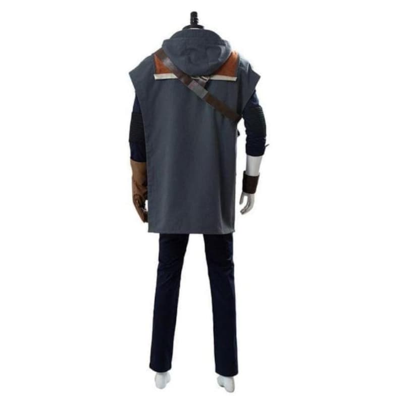 May include: A costume featuring a hooded, sleeveless gray vest with brown and orange accents, a brown shoulder strap, and dark blue pants. The costume includes brown gloves and wrist cuffs, and a dark blue long-sleeve shirt.