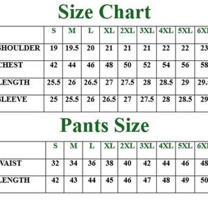 May include: A size chart for clothing, with measurements for shoulders, chest, length, and sleeve. The chart also includes pants sizes for waist and length, with sizes ranging from S to 6XL.