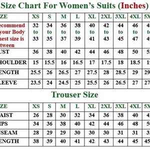 May include: A size chart for women's suits, displaying measurements in inches. The chart includes bust, shoulder, length, and sleeve measurements for various sizes, from XS to 5XL. Also includes trouser size measurements.