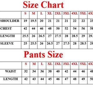 K&ouml;nnte beinhalten: Eine Gr&ouml;&szlig;entabelle f&uuml;r Kleidung mit Ma&szlig;en f&uuml;r Schulter, Brust, L&auml;nge und &Auml;rmel. Die Tabelle enth&auml;lt auch Hosengr&ouml;&szlig;en f&uuml;r Taille und L&auml;nge, von S bis 6XL.