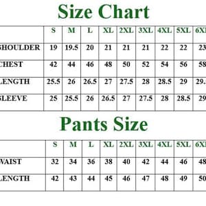 May include: A size chart for clothing, with measurements for shoulder, chest, length, and sleeve. The chart includes sizes from S to 6XL. A second chart provides waist and length measurements for pants, also ranging from S to 6XL.