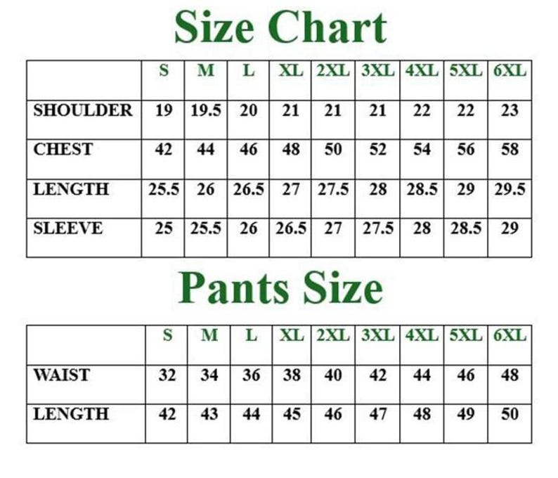 May include: A size chart for clothing, with measurements for shoulder, chest, length, and sleeve. The chart includes sizes from S to 6XL. A second chart provides waist and length measurements for pants, also ranging from S to 6XL.