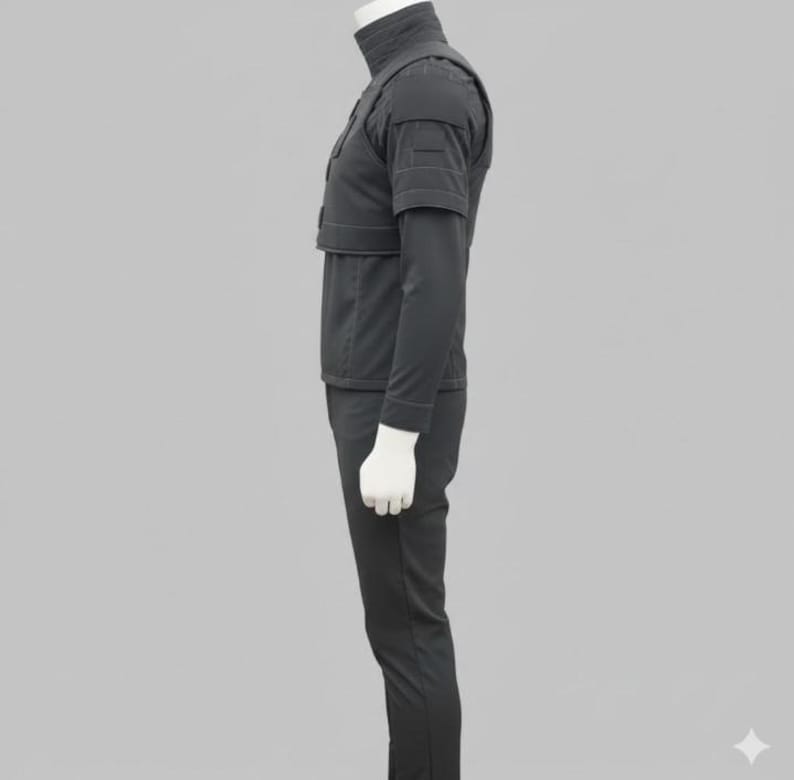 May include: Dark gray tactical uniform, featuring a high collar, long sleeves, and multiple pockets. The outfit includes a jacket with shoulder padding and matching pants. The mannequin is wearing white gloves.