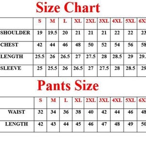 May include: A size chart for clothing, with measurements for shoulder, chest, length, and sleeve. The chart also includes pants size measurements for waist and length, with sizes ranging from S to 6XL.