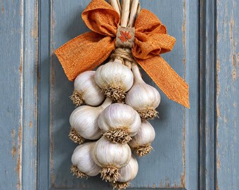 May include: A decorative bundle of white garlic bulbs tied together with twine and topped with a large, textured orange burlap bow. The center of the bow features a small burlap band adorned with a single, embroidered orange maple leaf.