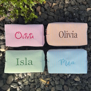 Personalized Embroidered Makeup Bag: Custom Seersucker Cosmetic Pouch