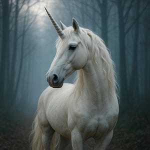Twilight Guardian – Mystical Unicorn in Forest Mist Digital Art Print