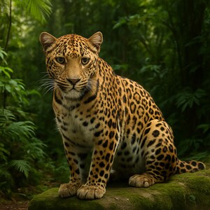 May include: A leopard, with a tan coat and black spots, sits on a mossy rock in a green forest. The animal's gaze is direct, and the background is a soft blur of green leaves and foliage.