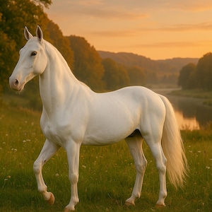 May include: A majestic white horse stands in a field of green grass and wildflowers. The horse is illuminated by the warm light of the setting sun, with a river and trees in the background. The horse is a symbol of freedom and beauty.