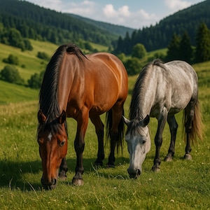 Golden Hour Grazing – Real-Life Horses in a Peaceful Meadow