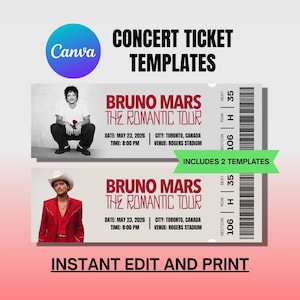May include: Two concert ticket templates for Bruno Mars' "The Romantic Tour" with the text "Instant Edit and Print". The tickets include the date, time, city, venue, section, row, and seat information.
