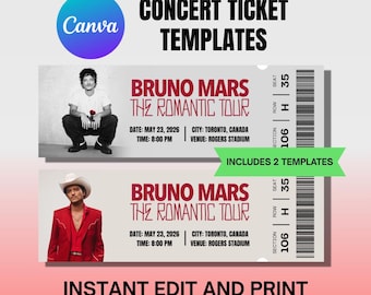 Bruno Mars 'The Romantic Tour' Anpassbare Konzertkartenvorlage, bearbeitbare druckbare Canva-Veranstaltungskarte, digitales Download-Andenken