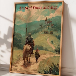 Puede incluir: Una impresión enmarcada que presenta una escena medieval con un caballero a caballo y una pequeña figura caminando por un camino. La obra de arte tiene una estética vintage, con un castillo al fondo y el texto "Tales of Dunk and Egg" en la parte superior.