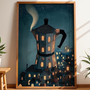 Puede incluir: Una impresión artística enmarcada representa una ilustración caprichosa de una cafetera transformada en un paisaje urbano. El cuerpo de la cafetera es un edificio con ventanas iluminadas, y el vapor se eleva de la boquilla. La obra de arte está ambientada en un cielo nocturno azul oscuro.