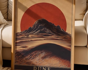 Póster vintage de Dune / Ilustración del desierto de Frank Herbert / Decoración de pared retro de ciencia ficción / Obra de arte inspirada en el libro sobre el paisaje de arena de Arrakis