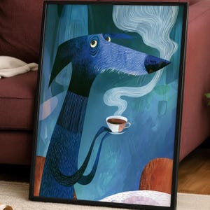 Tea Dog Poster | Whimsical Blue Dog Wall Art | Tea Lover Gift | Cozy Kitchen Decor