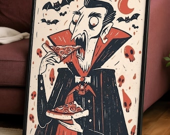 Vampire Pizza Poster | Funny Dracula Print | Quirky Halloween Wall Art | Spooky Kitchen Decor