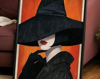Gothic Witch Poster | Halloween Wall Art | Minimalist Witch Print | Orange Black Home Decor | Spooky Season Art