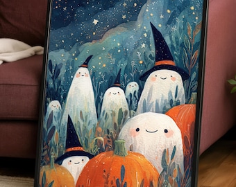 Cute Ghost Pumpkin Poster | Halloween Wall Art | Whimsical Autumn Ghosts Nursery Decor