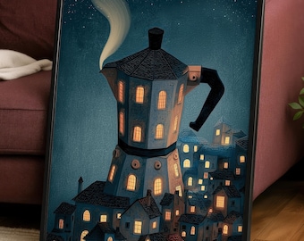 Moka Pot Poster | Fantasy Coffee Night Print | Cozy Coffee Lover Wall Art | Kitchen Decor