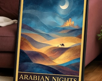 Arabian Nights Poster | Desert Moon Wall Art | 1001 Nights Fantasy Print | Magical Camel Illustration