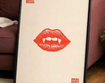 Vampire Lips Poster | Bite Me Halloween Art | Red Lips Fangs Print | Minimalist Gothic Decor
