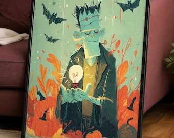 Cute Frankenstein Poster | Retro Autumn Wall Art Print | Whimsical Spooky Season Home Decor | Monster Halloween Illustration