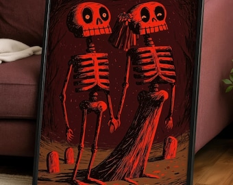 Skeleton Wedding Poster | Cemetery Art Print | Skeleton Couple Wall Art | Gothic Halloween Decor