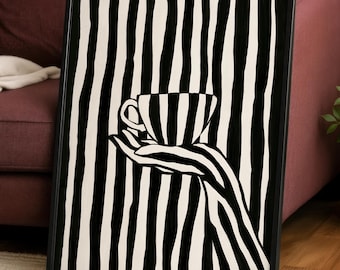 Tea Cup Poster | Minimalist Black and White Art | Modern Kitchen Wall Art | Striped Illustration