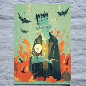 Cute Frankenstein Halloween Digital Postcard | Autumn Pumpkin Illustration with Creepy Monster | Spooky Fall Printable Card