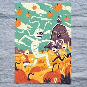 Halloween Mummy Digital Postcard | Fun Spooky Pumpkin Patch Illustration | Fall Halloween Card | Digital Download Instant Printable Postcard