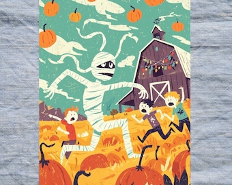 Halloween Mummy Digital Postcard | Fun Spooky Pumpkin Patch Illustration | Fall Halloween Card | Digital Download Instant Printable Postcard