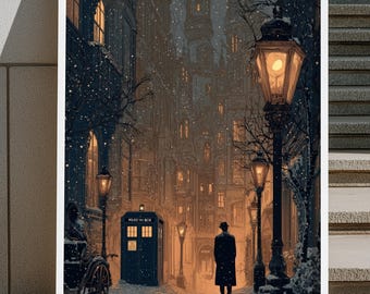 Póster de Doctor Who con la TARDIS / Lámina artística navideña de Londres victoriano nevado / Decoración de pared navideña con escena callejera invernal fantástica