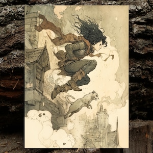 May include: An illustration depicts a figure leaping over rooftops, accompanied by a cat. The figure wears a brown cloak and boots, with long, dark hair. The artwork has a vintage, sketched style, with muted tones and a cloudy sky.