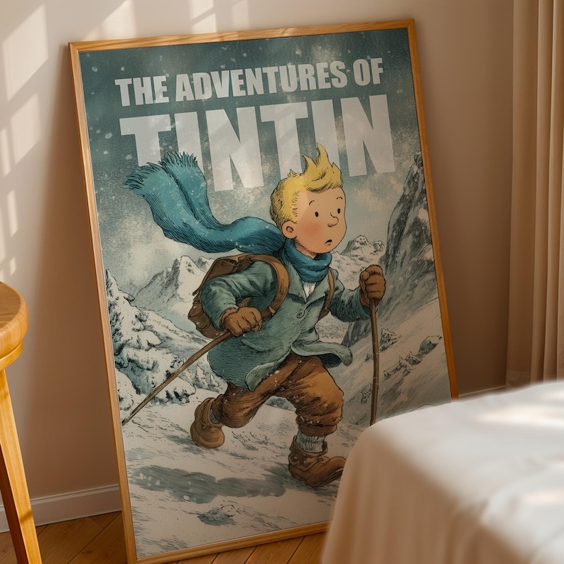 Illustration poster of Tintin walking through snowy mountains in winter, wearing a scarf and backpack, with text The Adventures of Tintin in vintage comic style.