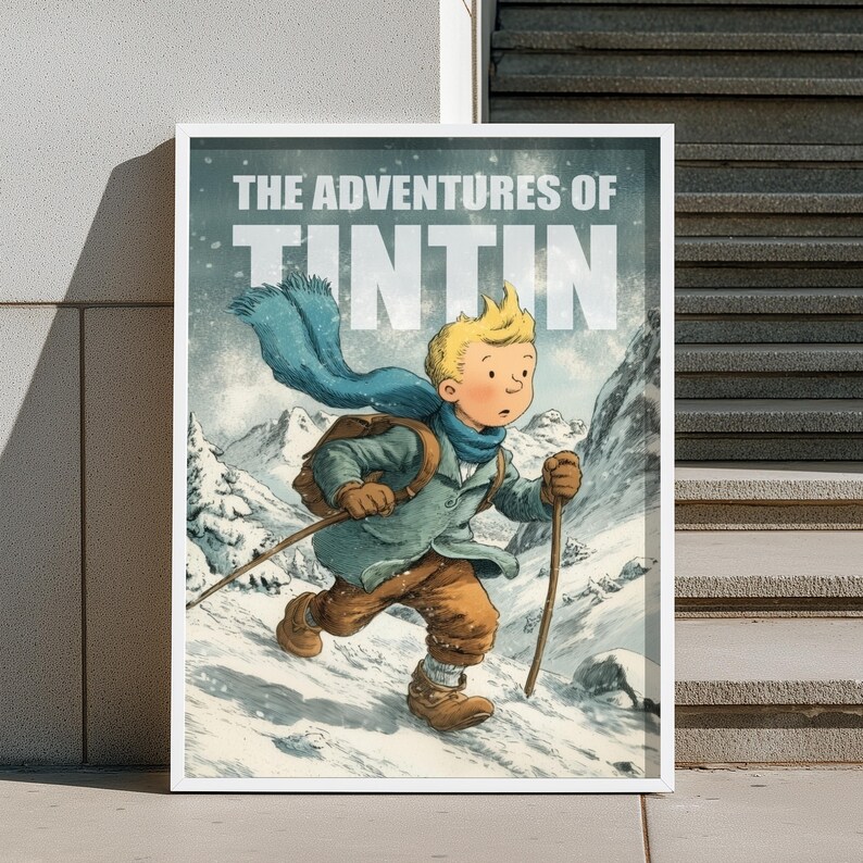 Illustration poster of Tintin walking through snowy mountains in winter, wearing a scarf and backpack, with text The Adventures of Tintin in vintage comic style.