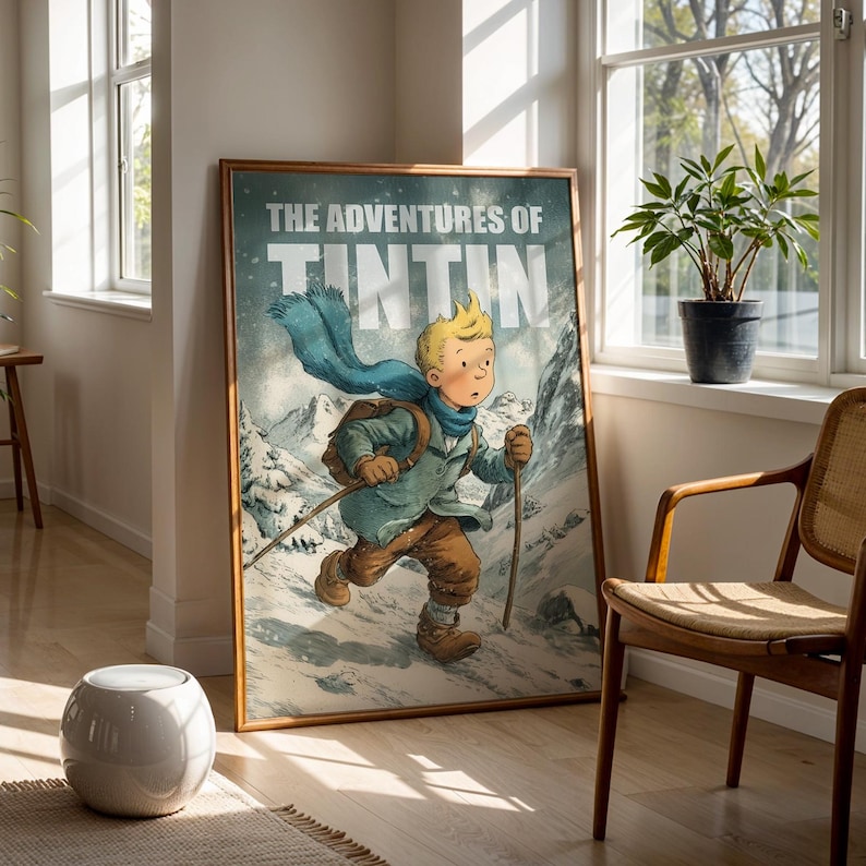 Illustration poster of Tintin walking through snowy mountains in winter, wearing a scarf and backpack, with text The Adventures of Tintin in vintage comic style.