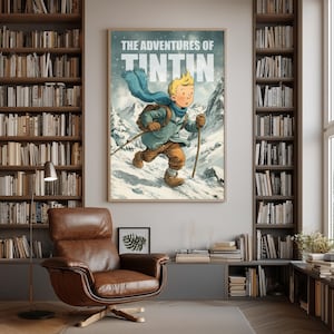Illustration poster of Tintin walking through snowy mountains in winter, wearing a scarf and backpack, with text The Adventures of Tintin in vintage comic style.