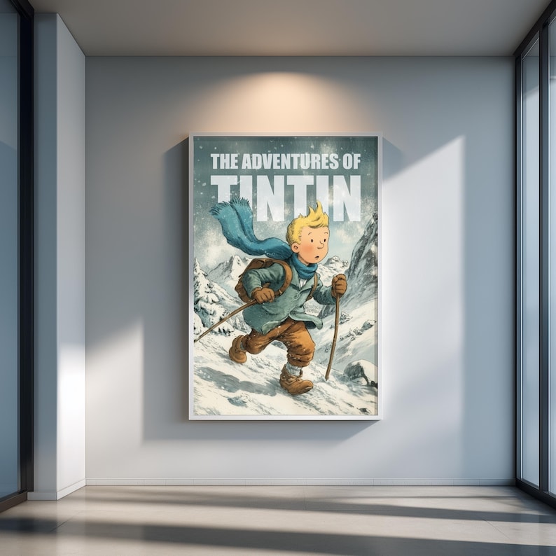 Illustration poster of Tintin walking through snowy mountains in winter, wearing a scarf and backpack, with text The Adventures of Tintin in vintage comic style.