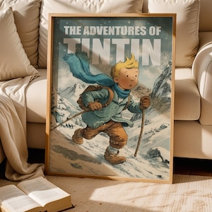 Illustration poster of Tintin walking through snowy mountains in winter, wearing a scarf and backpack, with text The Adventures of Tintin in vintage comic style.
