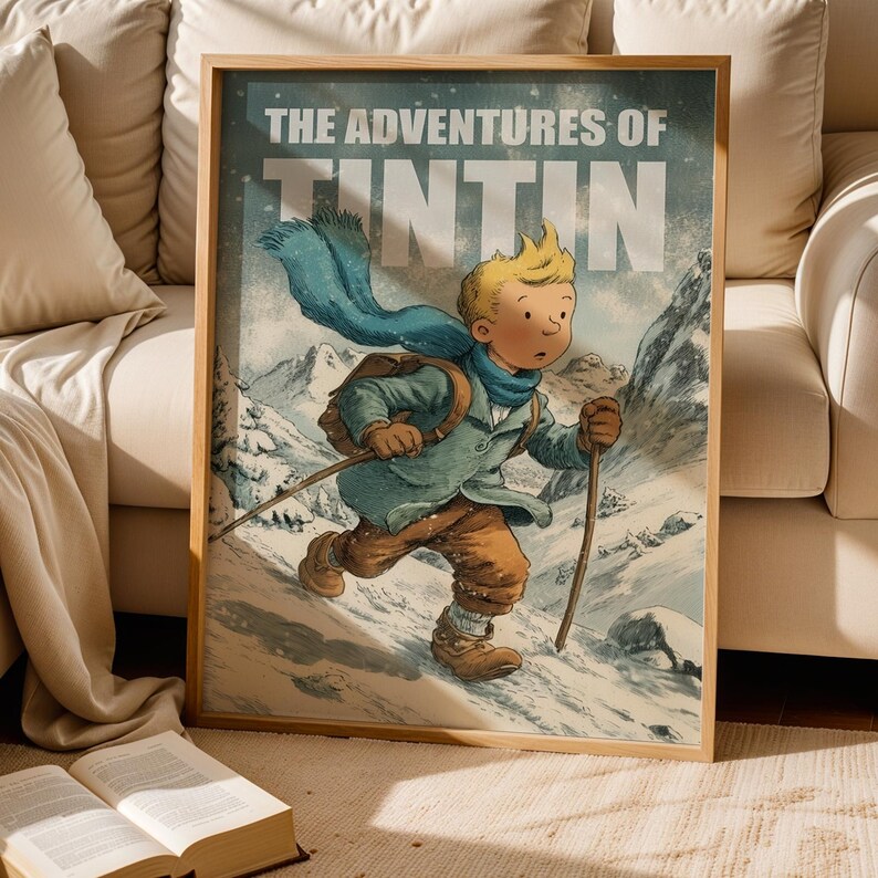 Illustration poster of Tintin walking through snowy mountains in winter, wearing a scarf and backpack, with text The Adventures of Tintin in vintage comic style.
