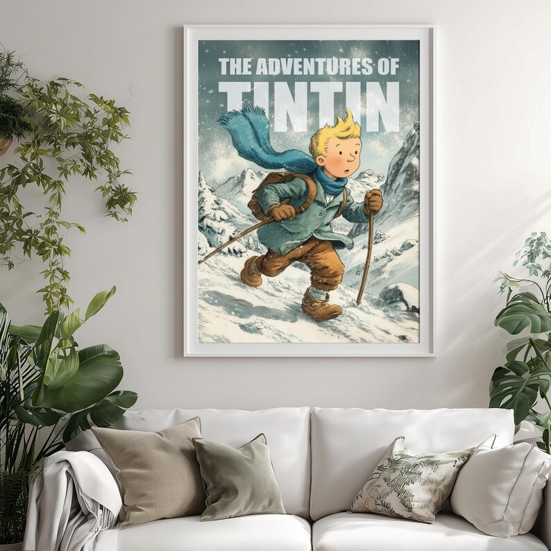 Illustration poster of Tintin walking through snowy mountains in winter, wearing a scarf and backpack, with text The Adventures of Tintin in vintage comic style.