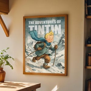 Illustration poster of Tintin walking through snowy mountains in winter, wearing a scarf and backpack, with text The Adventures of Tintin in vintage comic style.