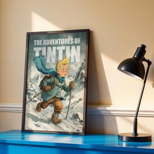 Illustration poster of Tintin walking through snowy mountains in winter, wearing a scarf and backpack, with text The Adventures of Tintin in vintage comic style.