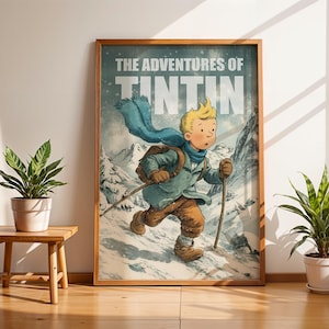 Illustration poster of Tintin walking through snowy mountains in winter, wearing a scarf and backpack, with text The Adventures of Tintin in vintage comic style.